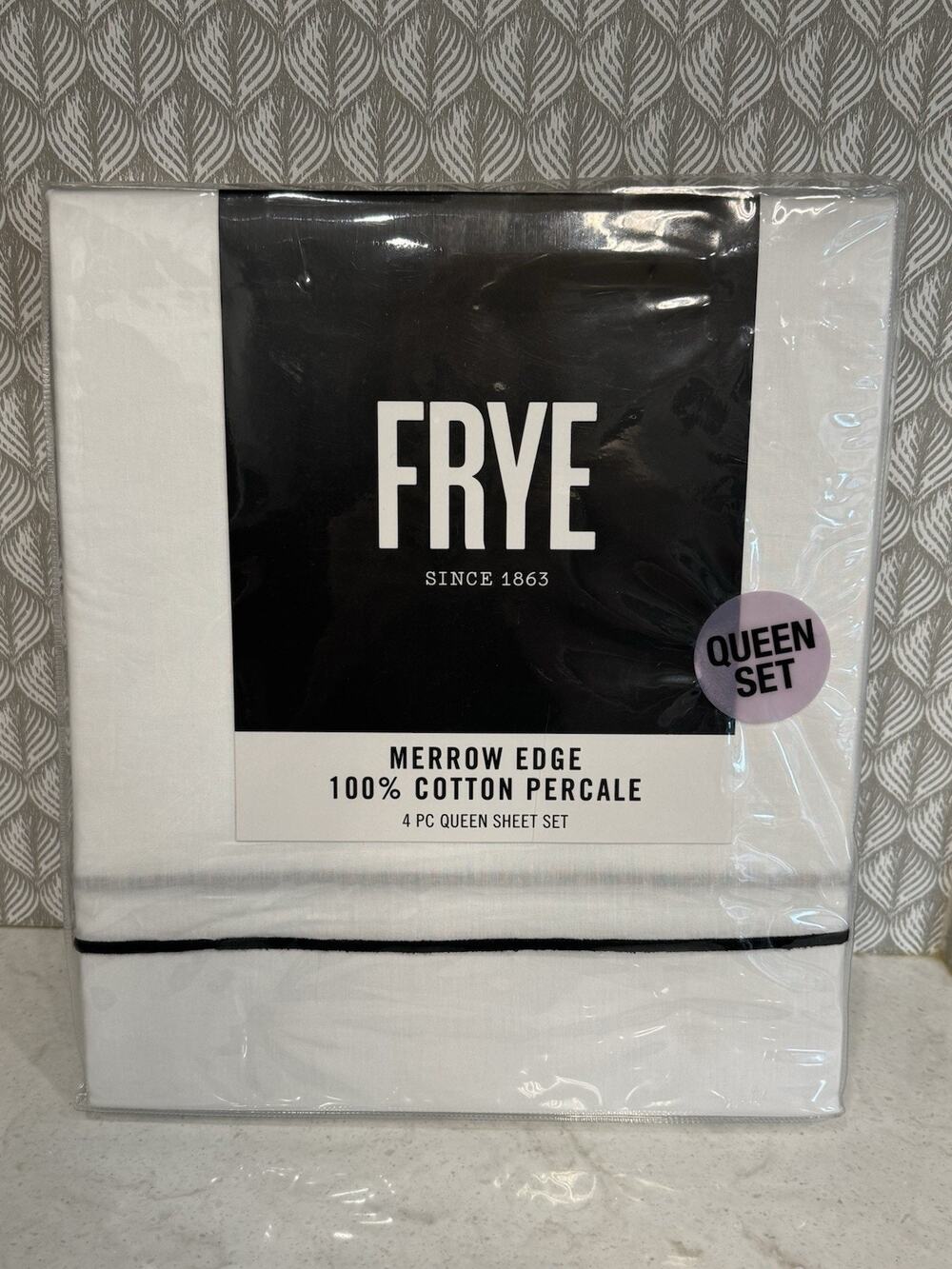 FRYE 4PC 100% Cotton Percale QUEEN Sheet Set White Black Merrow Edge NEW